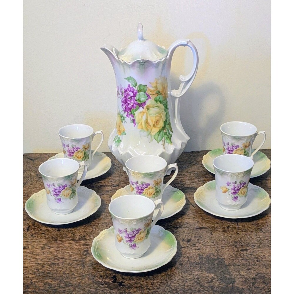 Antique German Porcelain Chocolate Set Pot Cups Saucers Floral Luster 13 Pc